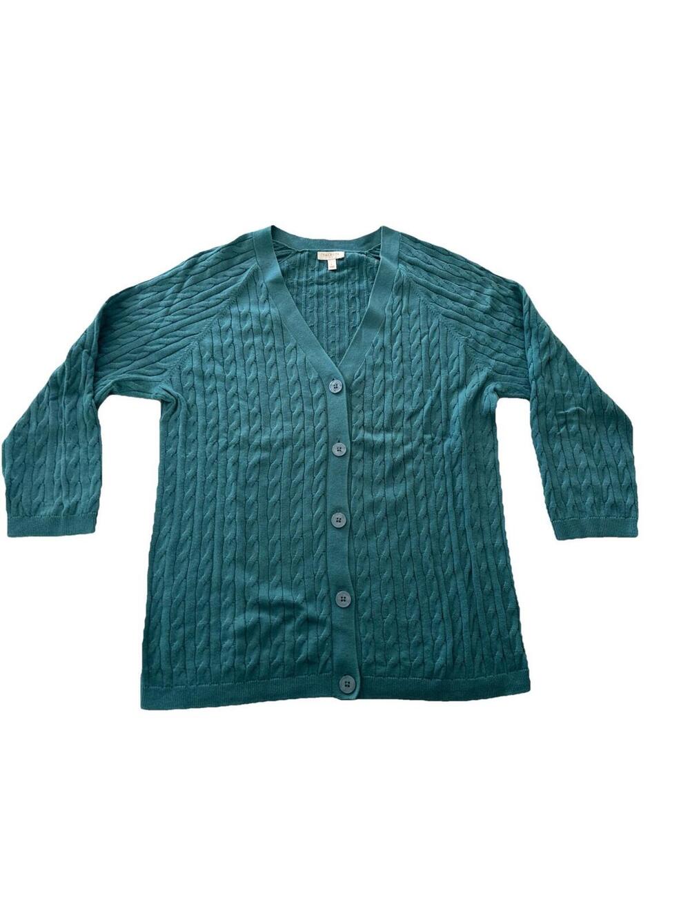Talbots 100% Cotton Green Blue Lightweight Cardigan Sweater Womens L Buttons